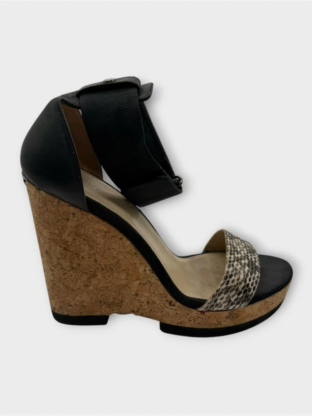 Jimmy Choo Neston Cork Wedge Sandals Snakeskin & Black Leather Euro 41.5 US 10.5